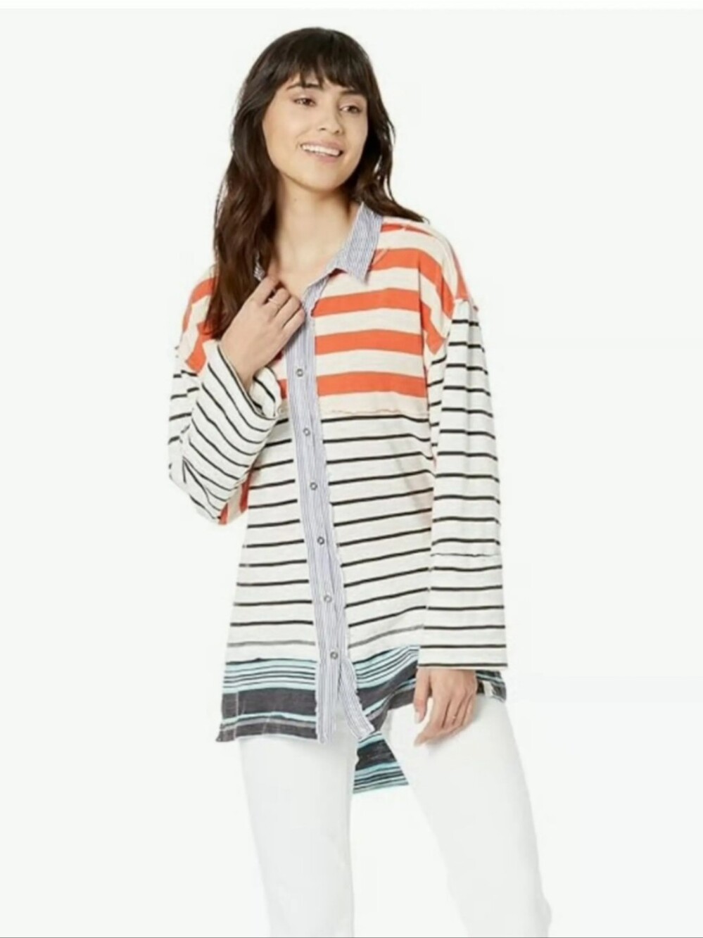 We The Free Oversized Tunic High Low 3/4 Sleeve Boho Lagenlook Button Front  XS